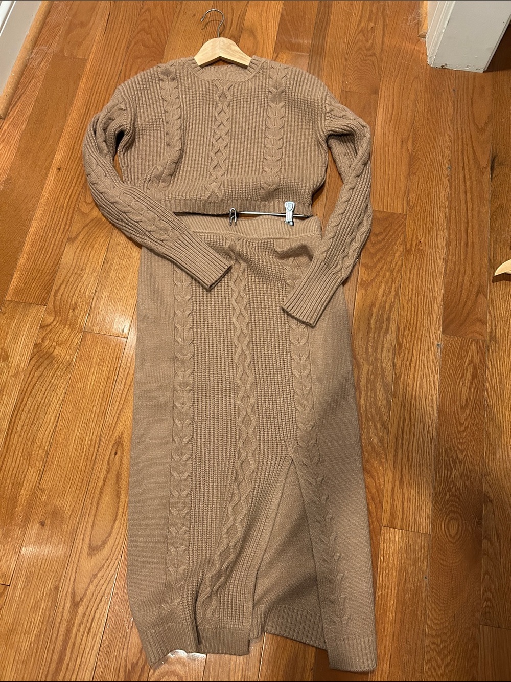 Calvin Klein Jeans Cable Knit Cropped Sweater and Skirt - Tan
